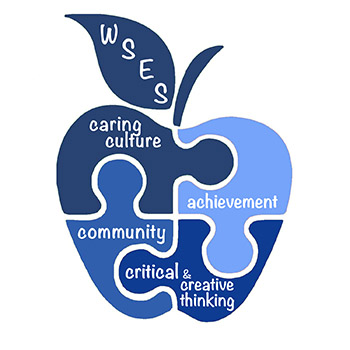 Illustration of an apple made of four puzzle pieces containing the phrases "caring culture," "achievement," "critical & creative thinking," and "community"