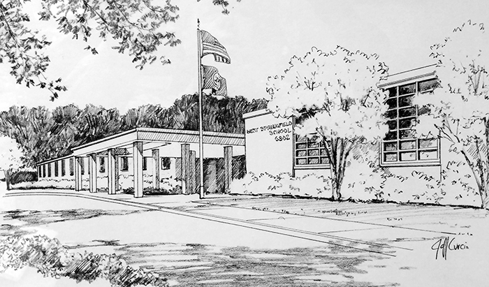 Black and white ink illustration of West Springfield Elementary School as it appeared in 2001. The illustration is framed and hangs in the main office at the school.