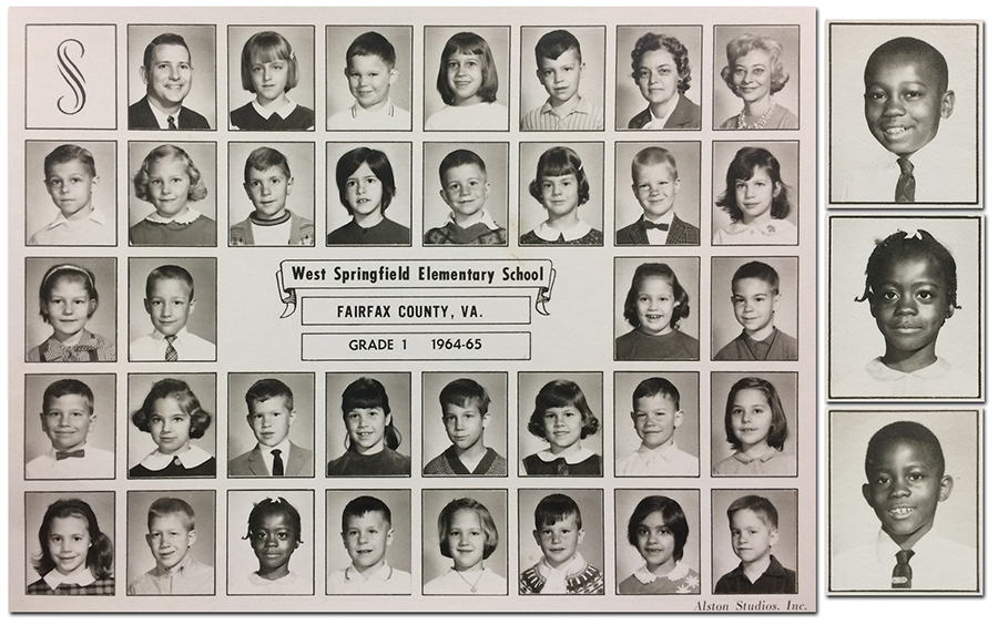 Black and white West Springfield Grade 1 class photograph from the 1964 to 1965 school year. 32 students, the principal, and two teachers are shown. All but one of the children in the class is Caucasian. To the right of the class photograph are enlargements of the photographs of the three African-American children enrolled at West Springfield that year. 
