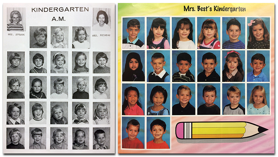 Two class photographs are shown side-by-side. On the left, in black and white, is morning kindergarten class from the 1972 to 1973 yearbook. The teachers are Mrs. Sprunk and Mrs. Priheau. 23 students are pictured, all Caucasian. On the right, in color, is Mrs. Best’s kindergarten class from the 2005 to 2006 yearbook. The students in 2006 represent a wide variety of ethnicities and cultural backgrounds indicative of the diversity found in Fairfax County schools today.  