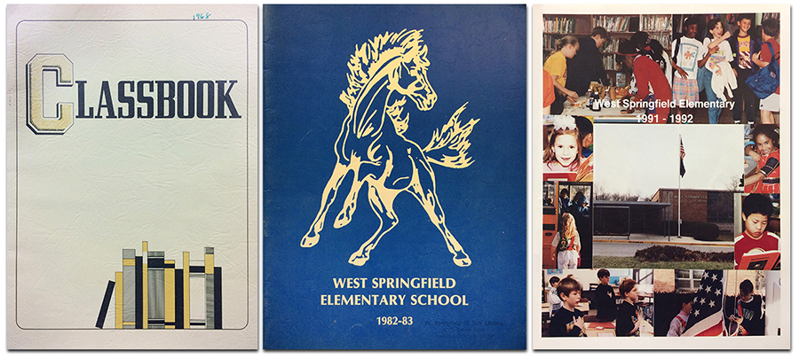 Collage showing the covers of three West Springfield Elementary School yearbooks. On the left is the cover of the 1967 to 1968 yearbook. It is a simple white cover with the word classbook printed in yellow and black. An illustration of books is in the bottom right corner. The 1982 to 1983 is in the center of the collage. It is a blue cover with an illustration of a horse – a mustang – our school mascot. The 1991 to 1992 yearbook is on the right. It features a collage of photographs of children surrounding a photograph of the school in the center. 